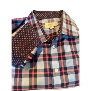Eton Shirt Mens 44 17.5 Multi Cont Fit Cambridge Signature Twill Button Up Adult